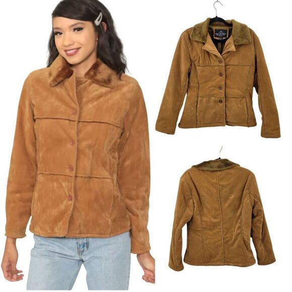 Vintage Jackets & Blazers - Vtg Oscar Piel Faux Suede Jacket Camel Faux Fur Lining Button Up S Boho Hippie